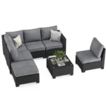 Farini Patio Sectional Sofa Set, Outdoor Furniture with Ottoman, Water/Oil/Stain-Resistant Fabric, Dark Gray Cushion + Gray Wick - Image 9