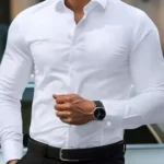 White men's Dress shirt without ironing, business casual, slim and slim black shirt, solid color, fashionable and high-quality