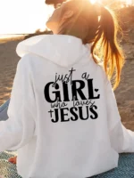 Just a Who Loves Jesus Hooded Pullover with Alphabet Print Long Sleeves Kangaroo Pocket Casual Sweatshirt for Women Minimalist - Image 3