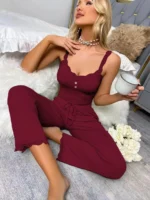 New Women’s two-piece pajama set with solid color lace edging sexy slim fit suspender and pants soft and comfortable pajamas set