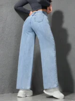Retro Loose Wide Leg Jeans Fashion Women Solid Straight Wash High Elastic Waist Denim Pants - Image 4