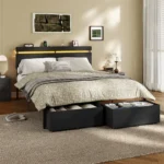 Queen Size Bed with Wooden Slat Support, Black Platform Design, Storage Drawers, Built-in Charging Station, LED Lighting, Metal - Image 5