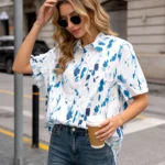 Women's Blue Splash Print Short Sleeve Button Down Shirt - Casual Summer Blouse for Office & Weekend - Image 3