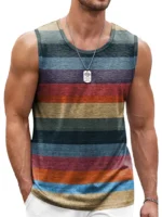 Retro Striped Graphic Tank Tops For Men Fashion Casual Summer Sleeveless 3D Printed Vest Loose Crew Neck Quick Dry Sports Tees - Image 3
