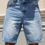 Men's summer blue regular denim shorts.