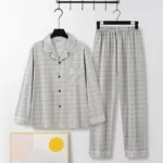 Casual Pure Cotton Men's Sleepwear Long Sleeve Long Pants Two-Piece Set Plaid Striped Simple Wearable Home Clothes - Image 7