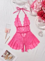 New Hot One Piece Halter Underwear Women Sleeveless Hollow Out Lace Patchwork Transparent Sleepwear Babydoll Sexy Lingеrie Set - Image 6