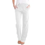 Women Cotton Linen Drawstring Pants Elastic Waist Casual Solid Color Trousers Baggy Loose Straight Leg Breathable Sweatpants - Image 7