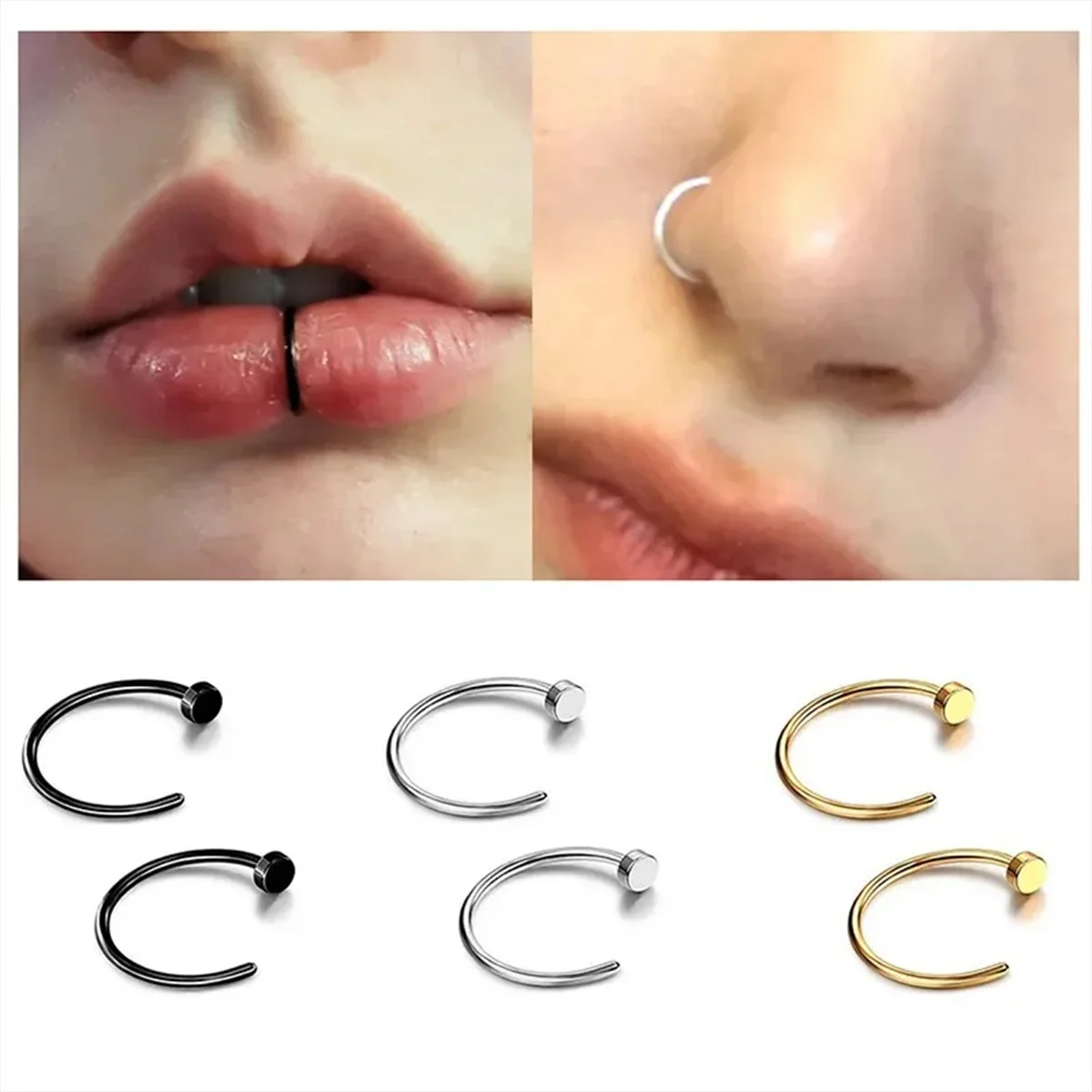 S73d9f4bc300549408ca6391e77da2770F.webp 2/10pcs 20G Fake Nose Rings for Women Men,316L Stainless Steel Clip On Lip Rings Labret Ring Nose Piercing Jewelry - Image 1