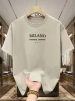 Men’s 100% pure cotton fashionable casual loose Italian style Milan letter printed round neck short sleeved T-shirt top