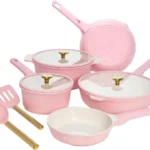 Pink 10-Piece Ceramic Nonstick Cookware Set, Cast Aluminum with Dual Coating, Dishwasher Safe