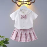 Girls College Style Jk Uniform Pleated Skirt + Short Sleeves Shirts Summer Children Big Kids School Students Sweat Clothes1-10Y