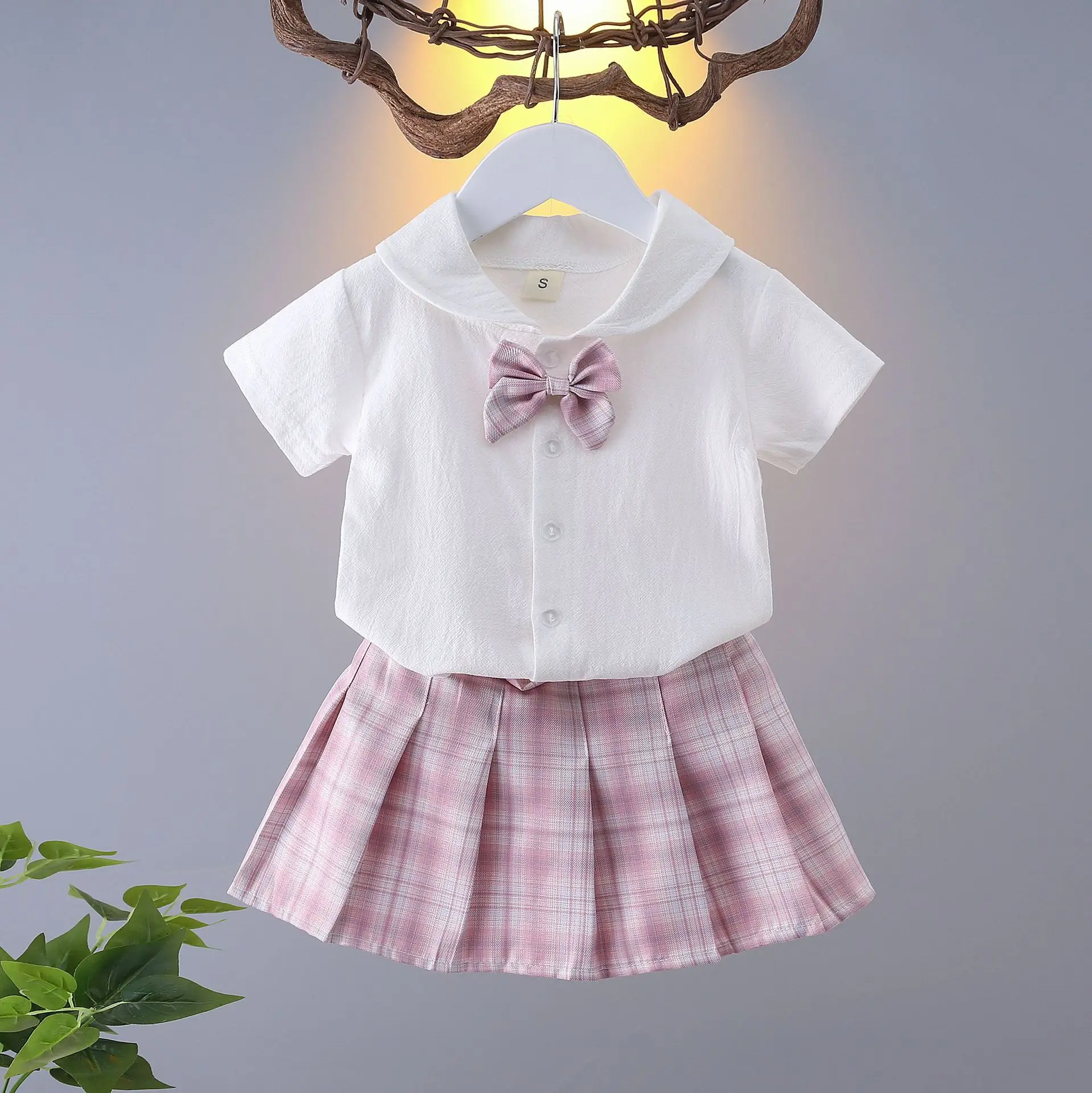 S762d051f0eaa4e8385f9fbca4e905ed3R.webp Girls College Style Jk Uniform Pleated Skirt + Short Sleeves Shirts Summer Children Big Kids School Students Sweat Clothes1-10Y