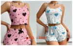 Women’s Pajamas Set Sleepwear 2 PCS Short Tank Tops And Shorts S M L White Ventilate Soft Casual Love Printing
