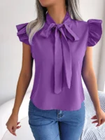Women's Casual Bow Ruffle Short Sleeve Chiffon Blouse V Neck - Image 8