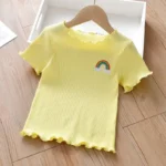 Girls Embroidered Short Sleeve T-Shirt Ice Silk Summer Top with Ruffle Trim Stretchy Soft for Toddler Baby 1-6 Years - Image 9