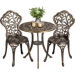 3-Piece Outdoor Bistro Set w/Leaf Design, Rust-Resistant Cast Aluminum Table and Chairs for Balcony Backyard Garden