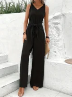 Women Solid Jumpsuit Casual Fashion Sleeveless Rompers Office Lady V Neck Jumpsuits - Image 6