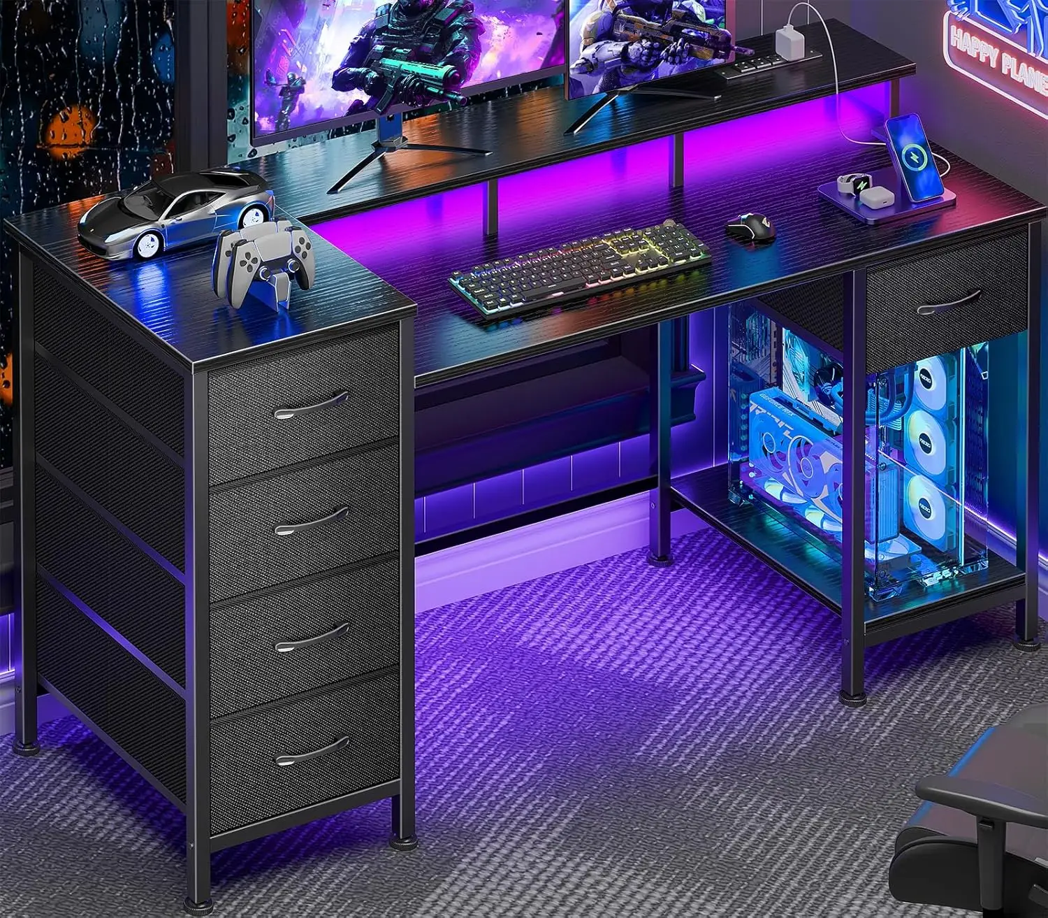 S797b89af1cd045ee85d454d17c24ad1eI.webp 47 Inch Gaming Desk with Power Outlets, LED Lights & 5 Fabric Drawers, Reversible Home Office Desk for Work and Study