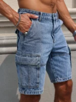 Men's summer blue regular denim shorts. Multi-pocket design. Stylish and casual. - Image 3