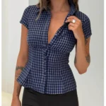 Women Summer Kawaii Solid Shirring Button Up Turn Down Collar Short Sleeve