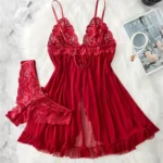 New Blue Contrast Lace Ruffle Trim Lingerie Set Deep V Dress And Thong Women’s Sexy Sleepwear Underwear Hollow Bra Panty Sling