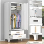 Tall Metal Armoire Wardrobe Closet with 2 Doors and 2 Drawers, Adjustable Hanging Rod and Adjustable Shelf, Freestanding Storage - Image 4