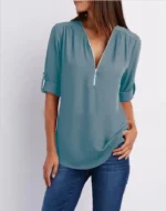 Women Cool Loose Shirt Deep V Neck Chiffon Fashion Blouse Casual Ladies Tops Sexy Zipper Pullover Plus Size