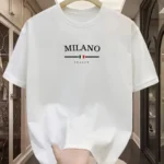 Men’s 100% pure cotton fashionable casual loose Italian style Milan letter printed round neck short sleeved T-shirt top