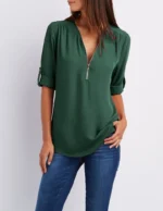 Women Cool Loose Shirt Deep V Neck Chiffon Fashion Blouse Casual Ladies Tops Sexy Zipper Pullover Plus Size