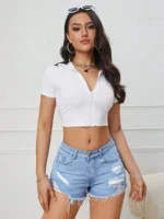 Ripped Raw Denim Shorts For Women Fashion A-line Hem Female Summer Hot Pants - Image 4