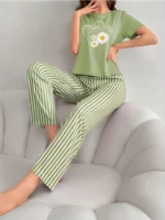 2-Piece Women's Pajama Set for All Seasons, Spring and Summer, Elegant Floral Print Long Pants and Short-Sleeved Pajama Set - Image 6