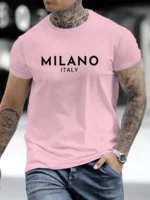 Men’s 100% pure cotton fashionable casual loose Italian style Milan letter printed round neck short sleeved T-shirt top