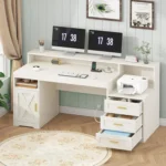 Farmhouse Computer Desk with Drawers, 65” Home Office Desk with Power Outlets, Storage Cabinet and Printer Stand, Customized