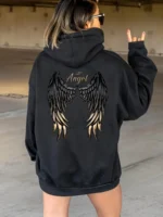 Women’s Casual Hoodie with Angel Wings Graphic Drawstring Detail Kangaroo Pocket Perfect for Fall  Winter Playful Design Trendy