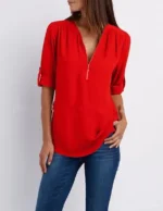 Women Cool Loose Shirt Deep V Neck Chiffon Fashion Blouse Casual Ladies Tops Sexy Zipper Pullover Plus Size