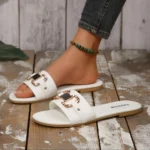 A Pair of Fashionable Women's Sandals, Simple and Comfortable Large-Size Flat Slip-On Shoes with a Round Toe Design, Suitable for Daily Outings, Beach Vacations, the Beach, Travel, and Can Be Worn in All Seasons - Image 2