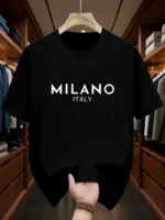 Men’s 100% pure cotton fashionable casual loose Italian style Milan letter printed round neck short sleeved T-shirt top
