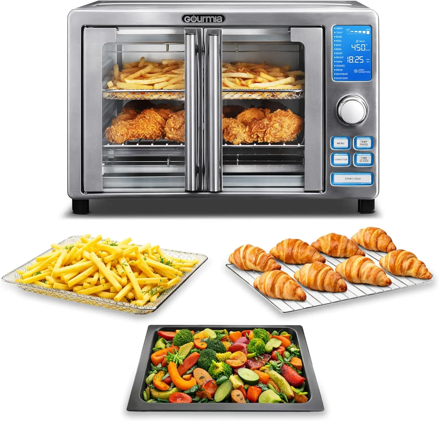 S86260e6fb3ee4387873122b963115c58V.webp 6-Slice Air Fryer Toaster Oven with 14 Presets, LED Display & French Door - Stainless Steel Countertop Appliance - Image 1