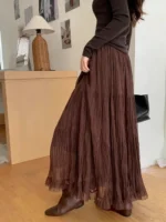 Elegant Pleated Skirt for Women with Elastic Waist Slim Fit A-Line Long Design - Image 7