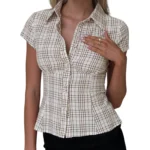 Women Summer Kawaii Solid Shirring Button Up Turn Down Collar Short Sleeve