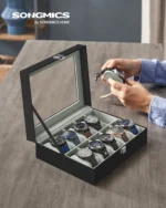 SONGMICS Watch Storage Box 10-Slot Case with Large Glass Lid Removable Pillow Synthetic Leather Gift for Men Women - Image 2