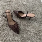 String Bead Mesh Embroider Slingback High Heels Women Sexy Pointed Toe Heeled Sandals - Image 2