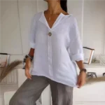 VEITCHE Spring Summer Women’s Shirt Blouses Top V-neck Button Tee Shirts  3/4 Sleeve