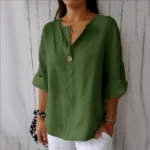 VEITCHE Spring Summer Women’s Shirt Blouses Top V-neck Button Tee Shirts  3/4 Sleeve