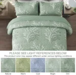 Queen Size Sage Green Quilt Set with Botanical Pattern, 3-Piece Microfiber Bedding for All Seasons