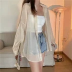 Semi Sheer Long Sleeve Shirt for Women Shimmer Button Down Collared Plain Lightweight