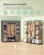 Portable Closet Wardrobe with Non-Woven Cover, 59×17.7×69 Inches, 12 Shelves, Gray for Bedroom Storage