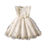 Dress For Girls Yellow O-Neck Fly-Sleeve Tulle Bowknot 8-12 Years Summer Elegant Sweet Style Princess Dress kids Clothing