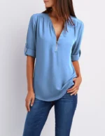 Women Cool Loose Shirt Deep V Neck Chiffon Fashion Blouse Casual Ladies Tops Sexy Zipper Pullover Plus Size